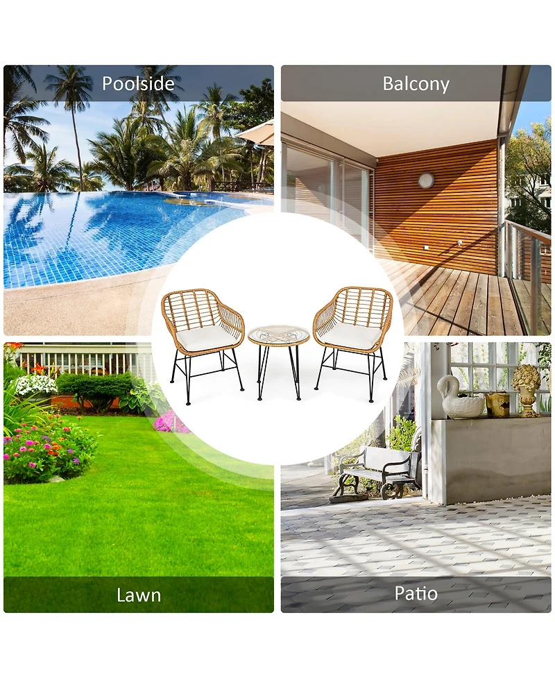 3PCS Patio Rattan Bistro Furniture Set Cushioned Chair Table