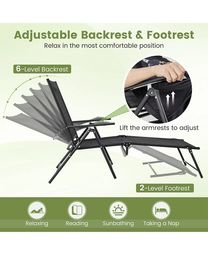 Costway 2 Piece Patio Folding Chaise Lounge Chairs with 6-Level Backrest Reclining