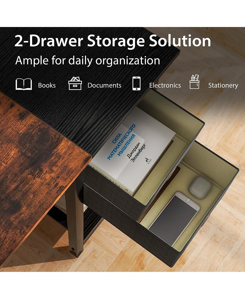 Costway 48" Home Office Desk with Storage Headphone Hook Shelf & 2 Drawers Laptop Desk