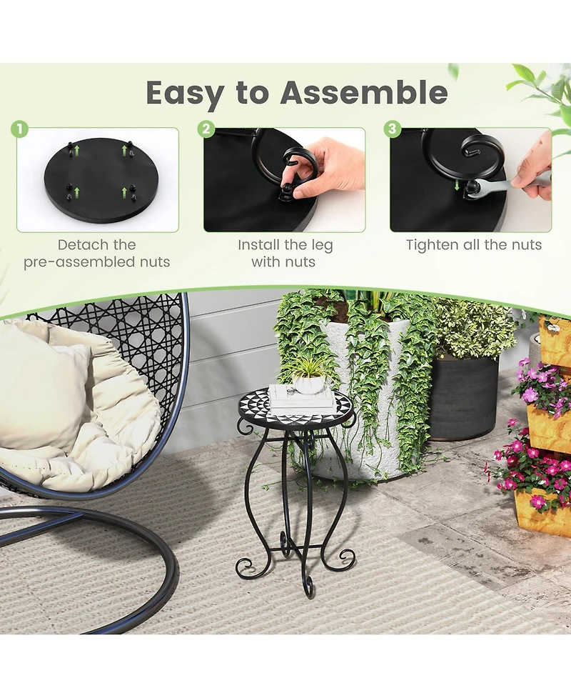 Costway Mosaic Outdoor Side Table, Round End Table with Weather Resistant Ceramic Tile Tabletop
