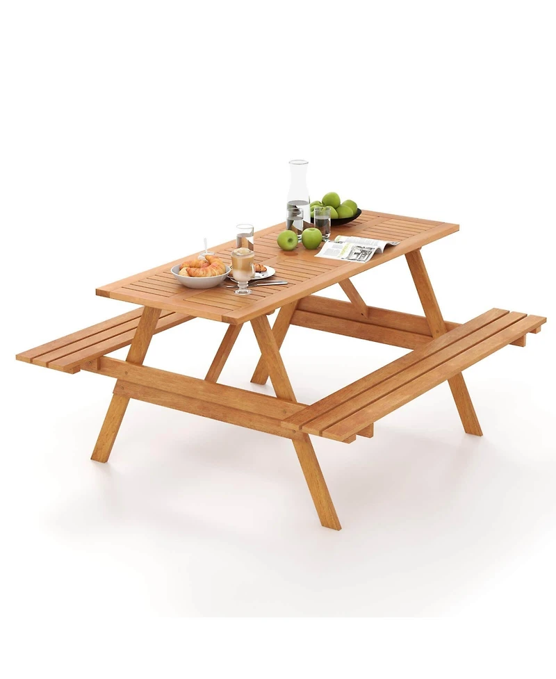 Gymax 6 Person Picnic Table Set w/ Table 2 Built-in Benches 2'' Umbrella Hole Patio
