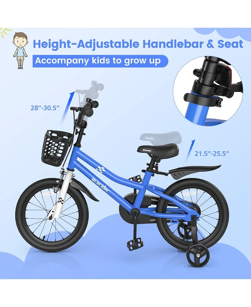16'' Kid's Bike with Removable Training Wheels & Basket for 4-7 Years Old