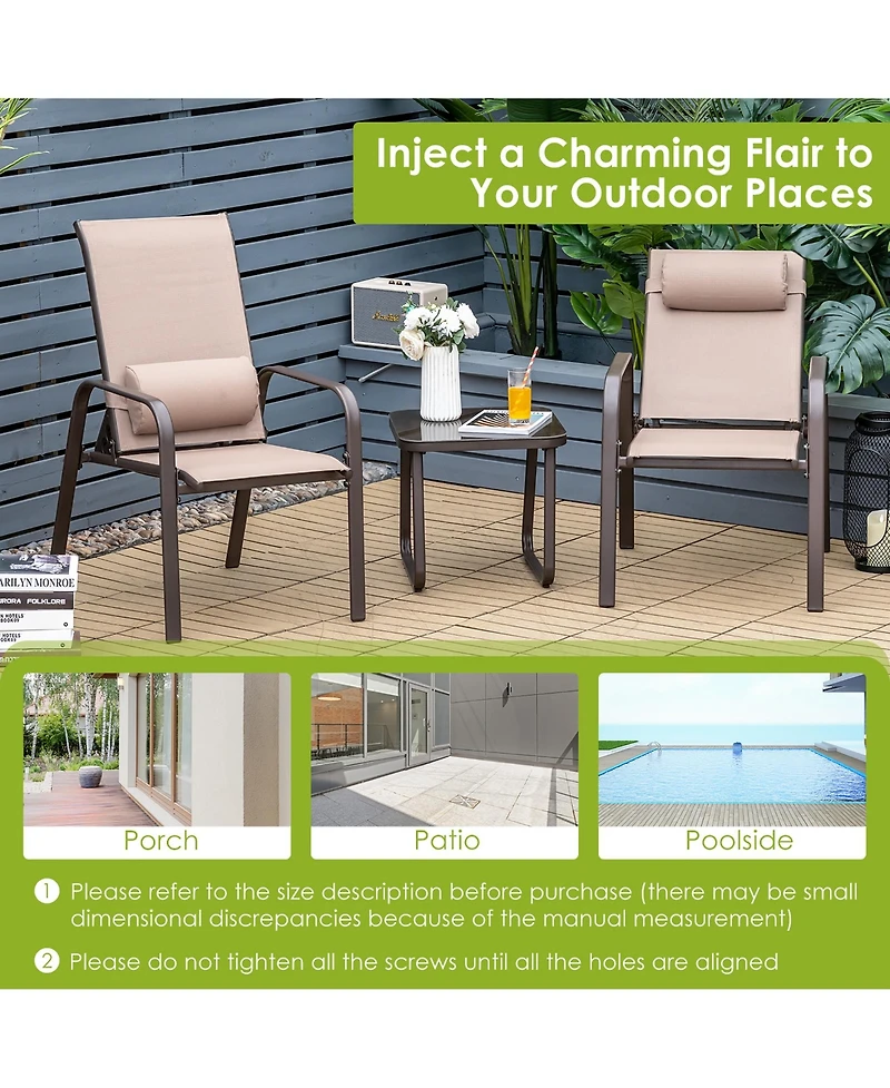 3PCS Patio Bistro Furniture Set Adjustable Back Stackable Chairs