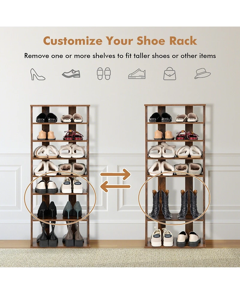 Patented 7-Tier Double Rows Shoe Rack Vertical Wooden Storage Organizer Rustic