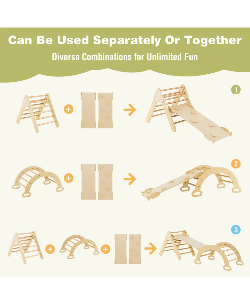 Costway 3-in-1 Kids Climber Set Toddler Wooden Play Arch with Sliding and Climbing Ramp