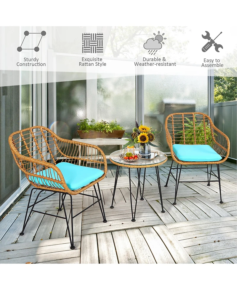 3PCS Patio Rattan Bistro Furniture Set Cushioned Chair Table
