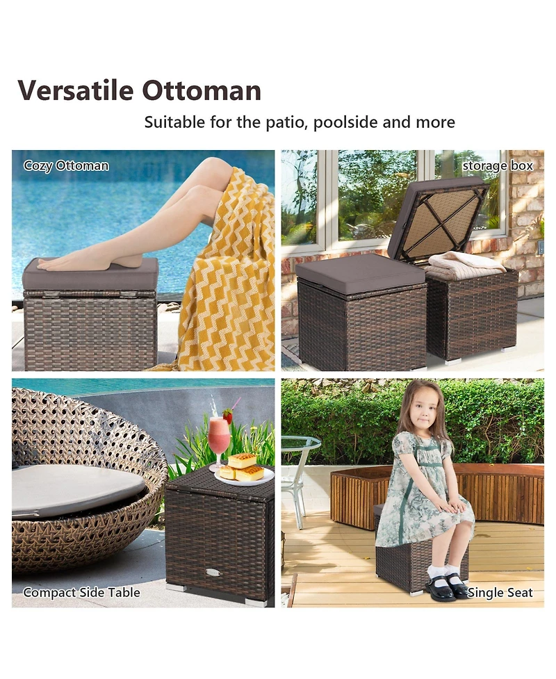 2PCS Patio Rattan Ottomans Seat Side Table Storage Box Footstool with Cushion
