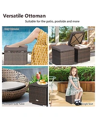2PCS Patio Rattan Ottomans Seat Side Table Storage Box Footstool with Cushion