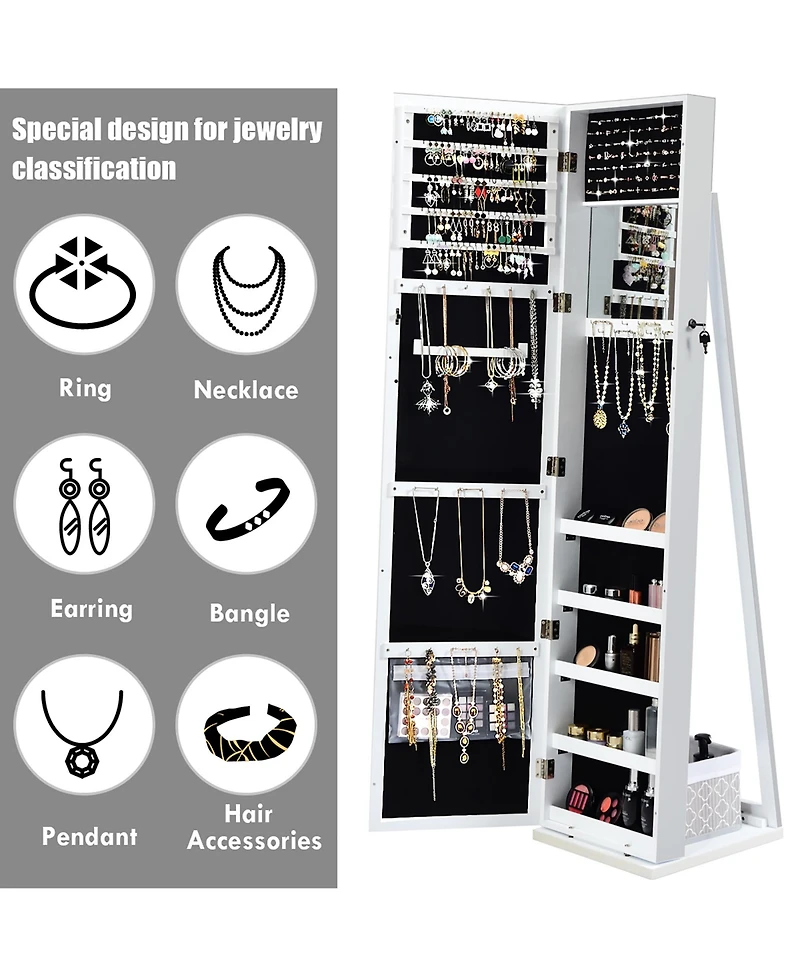 Mirrored Jewelry Cabinet Lockable Standing Storage Organizer W/ Shelf