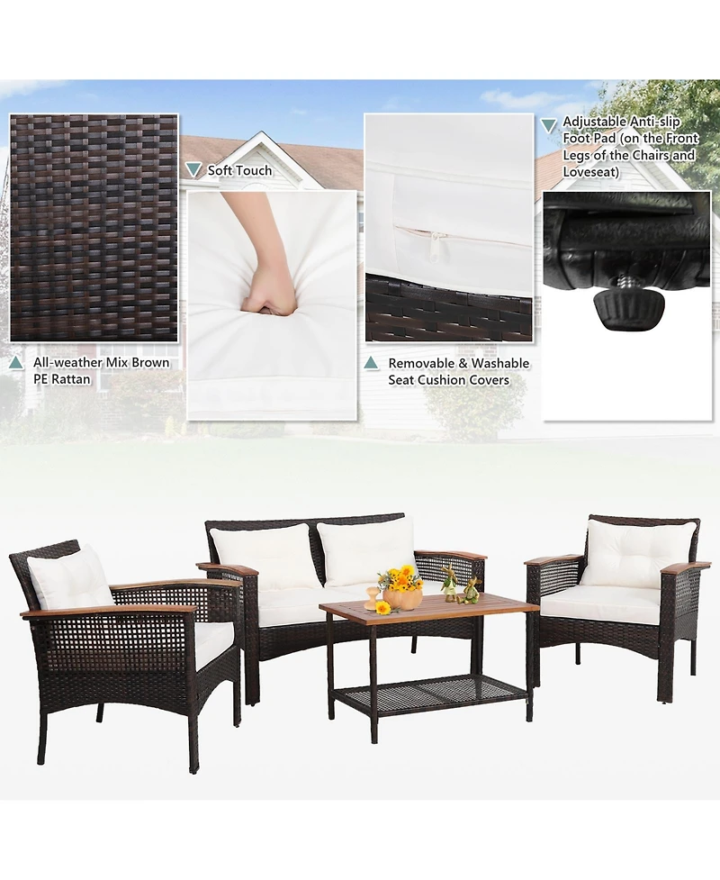 Gymax 4PCS Rattan Patio Furniture Set Acacia Wood Outdoor Conversation Set w/ Cushions