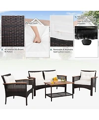 Gymax 4PCS Rattan Patio Furniture Set Acacia Wood Outdoor Conversation Set w/ Cushions