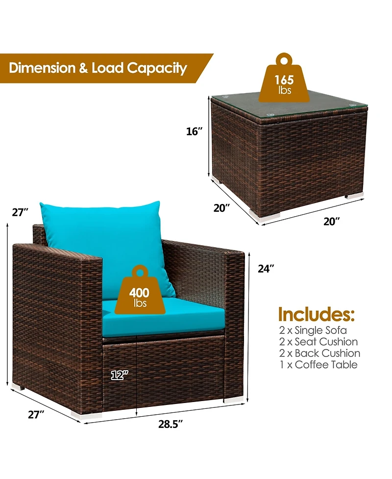3PCS Patio Rattan Furniture Set Conversation Sofa Cushioned