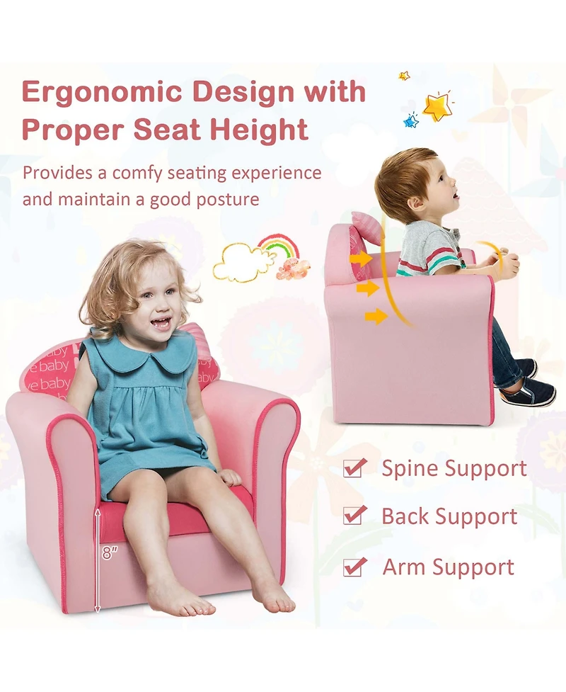 Kids Cute Pink Bow Sofa Children Couch Toddler Upholstered Armchair Solid Wood