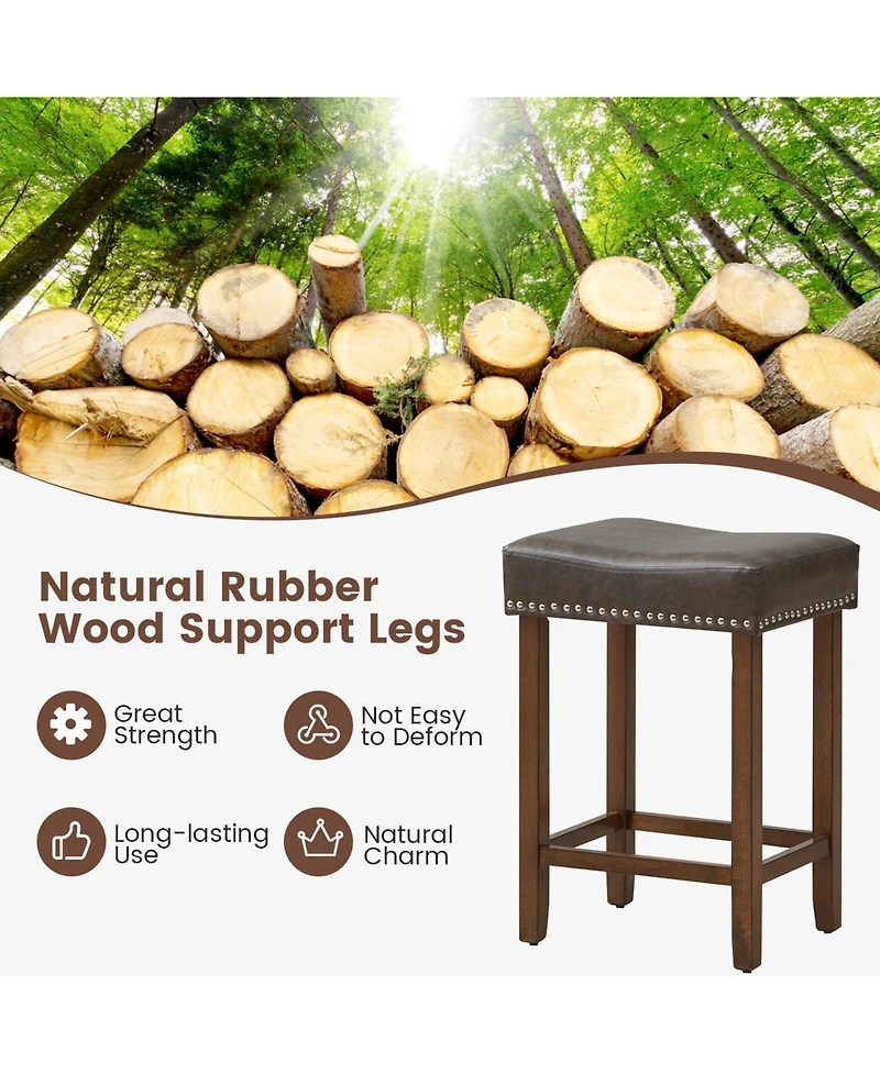 24" Upholstered Bar Stools Set of 2 with Footrests Rubberwood Frame Saddle-shaped