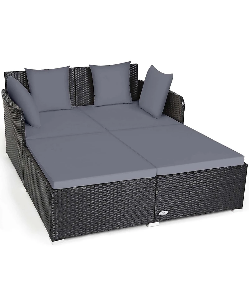 Outdoor Patio Rattan Daybed Pillows Cushioned Sofa Furniture