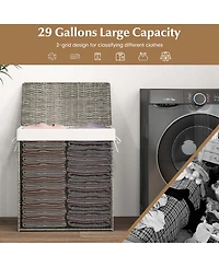 Hand-woven Rattan Laundry Hamper with Lid Removable Liner Bag 29-Gallon 2-Section