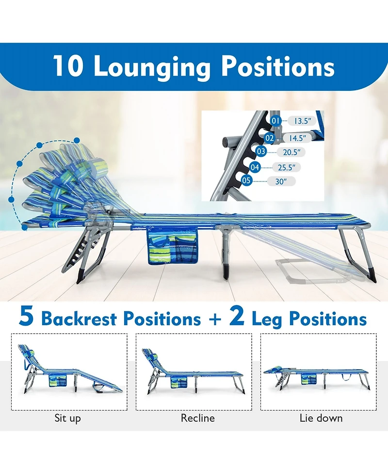 Costway 2 Pcs Outdoor Beach Lounge Chair Folding Chaise Lounge with Pillow