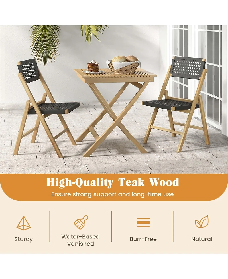 Costway 2 Piece Patio Folding Chairs with Woven Rope Seat & High Back Teak Wood for Porch
