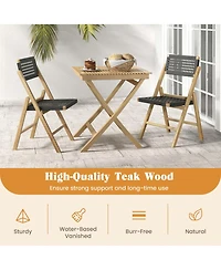 Costway 2 Piece Patio Folding Chairs with Woven Rope Seat & High Back Teak Wood for Porch