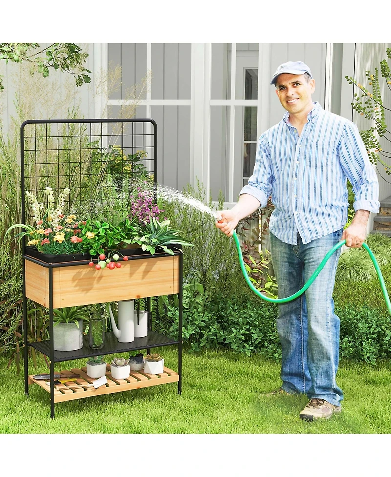 59" Raised Wooden Garden Bed with Metal Trellis Open Storage Shelves Drain Holes