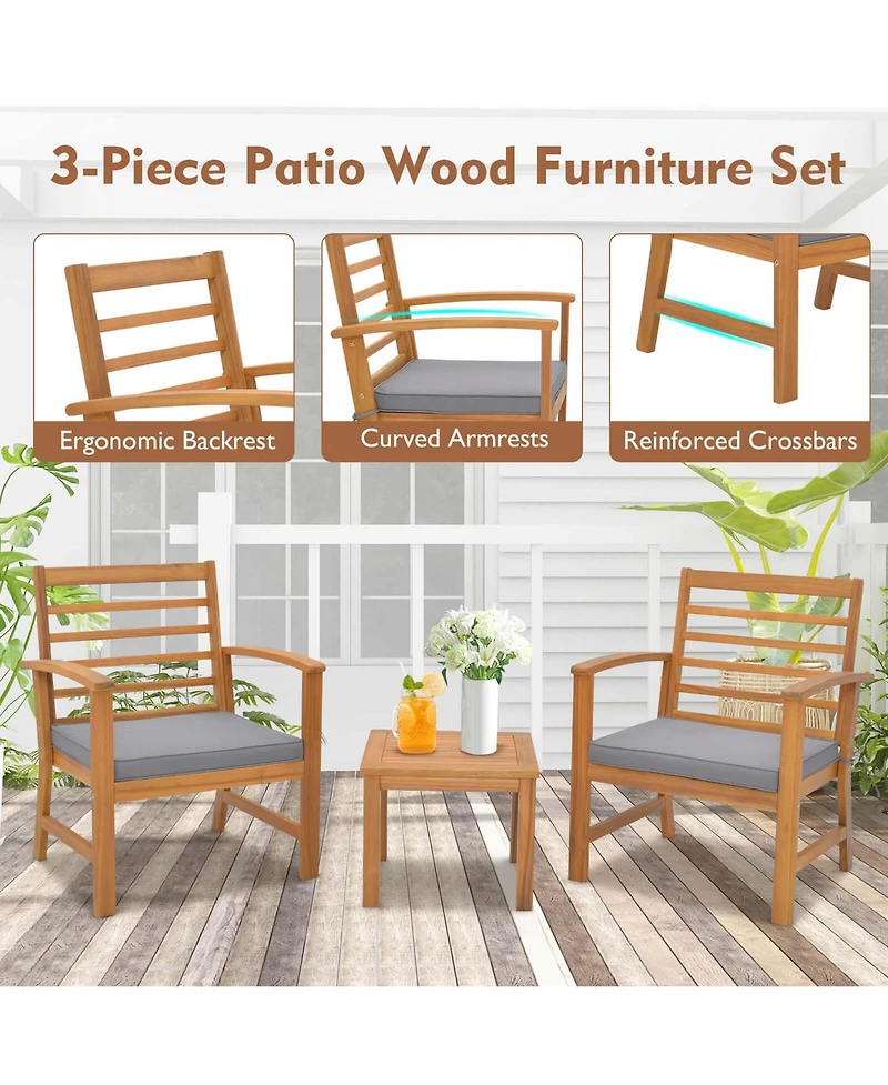 3 Pcs Outdoor Furniture Set Acacia Wood Conversation with Soft Seat Cushions