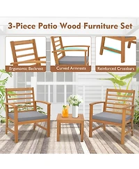 3 Pcs Outdoor Furniture Set Acacia Wood Conversation with Soft Seat Cushions