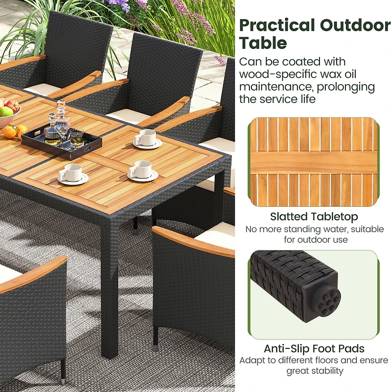 9 Pcs Outdoor Dining Set with Acacia Wood Tabletop, Umbrella Hole, Seat Cushions