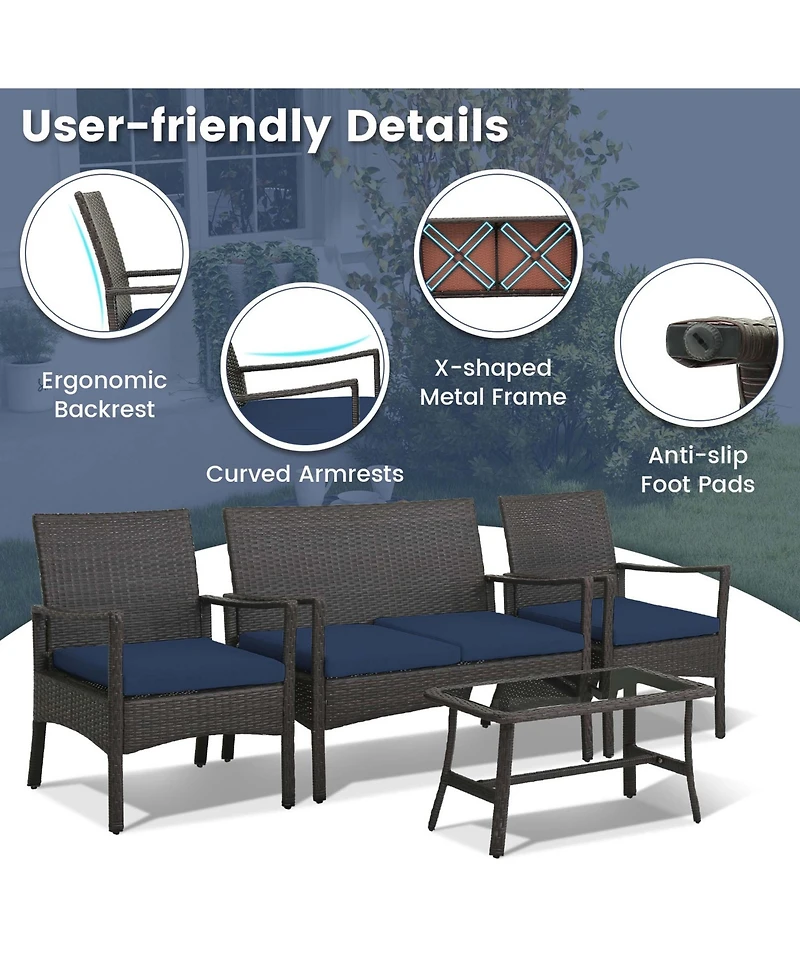 4PCS Patio Rattan Wicker Furniture Set Cushioned Sofa Armrest Coffee Table