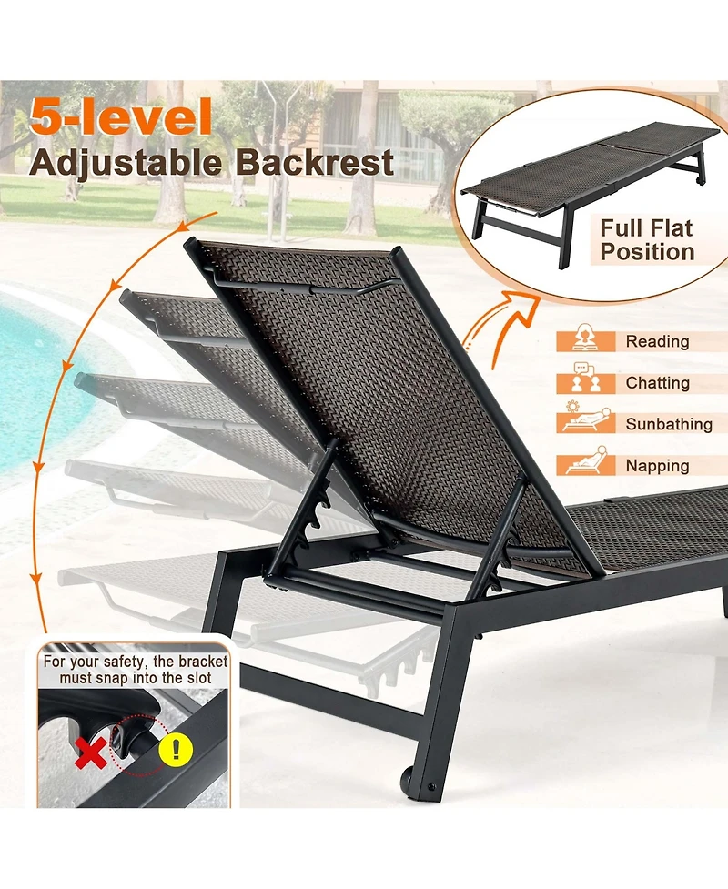 Costway 1PC Patio Galvanized Steel Chaise Lounge with Wheels Outdoor Pe Rattan Recliner Chair