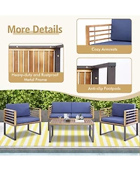 Costway 4pcs Patio Acacia Wood Chair Table Loveseat Cushioned Furniture Set Outdoor