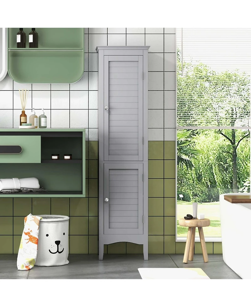 Tall Bathroom Floor Cabinet Narrow Linen Tower with 2 Doors & Adjustable Shelf