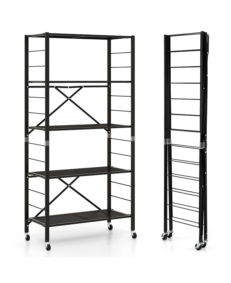 5-Tier Foldable Storage Shelves Adjustable Collapsible Organizer Rack with Wheels