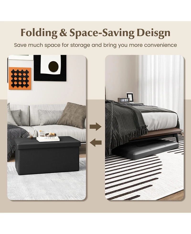 Folding Storage Ottoman Upholstered Rectangle Footstool Pvc Leather 22.5 Gallon
