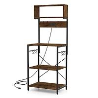 Kitchen Bakers Rack 60'' Microwave Stand with Power Outlet Open Shelves & Hooks