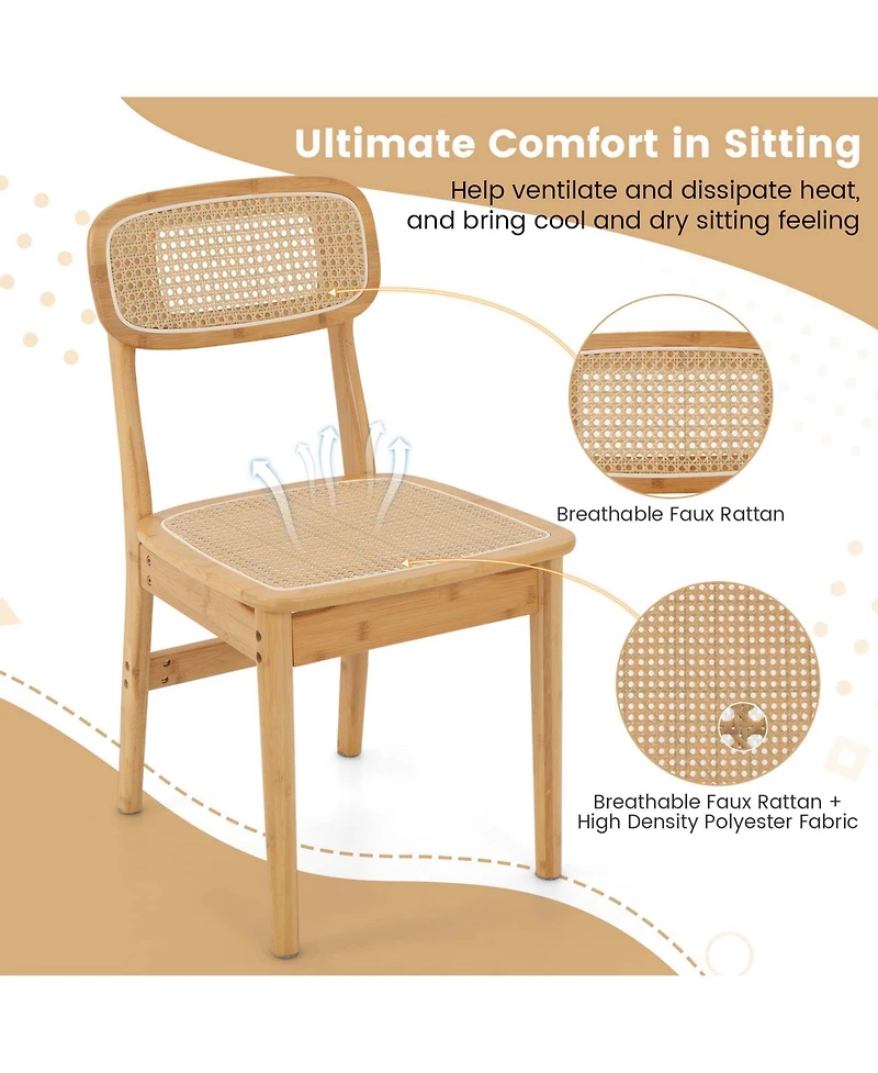 Rattan Accent Chairs Set of 2 Bamboo Frame Cane Woven Backrest &Seat Dining Room