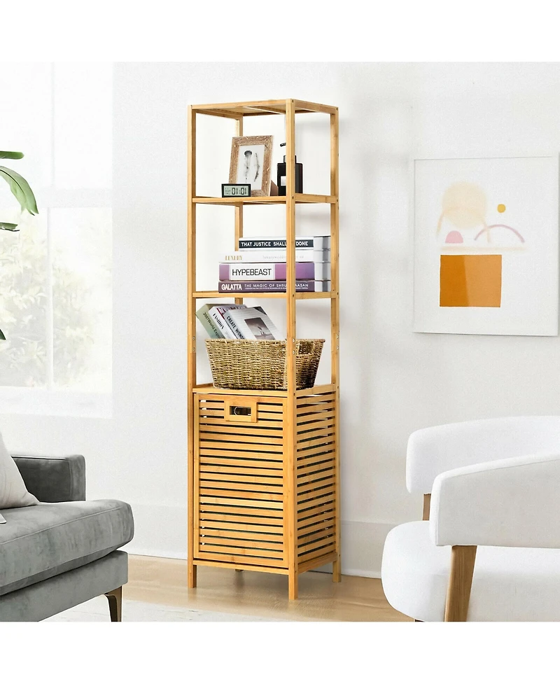 Tilt-out Laundry Hamper Bamboo Tower Hamper w/3-Tier Shelves