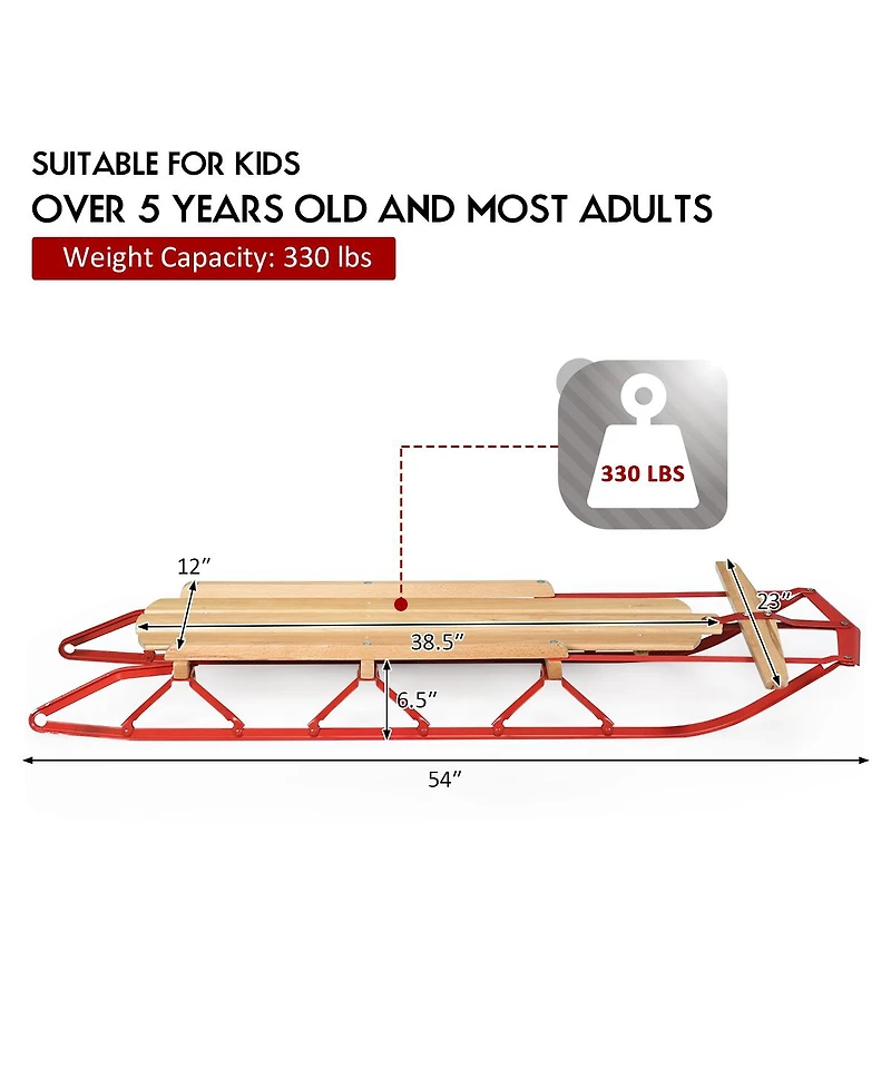 54''Kids Wooden Snow Sled Runners Steering