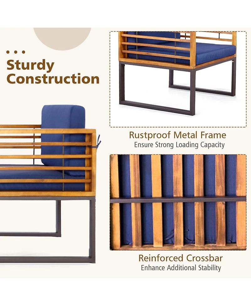 Gymax 3PCS Acacia Wood Patio Bistro Set Outdoor Conversation Furniture Set w/ Navy Cushions