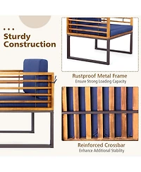 Gymax 3PCS Acacia Wood Patio Bistro Set Outdoor Conversation Furniture Set w/ Navy Cushions