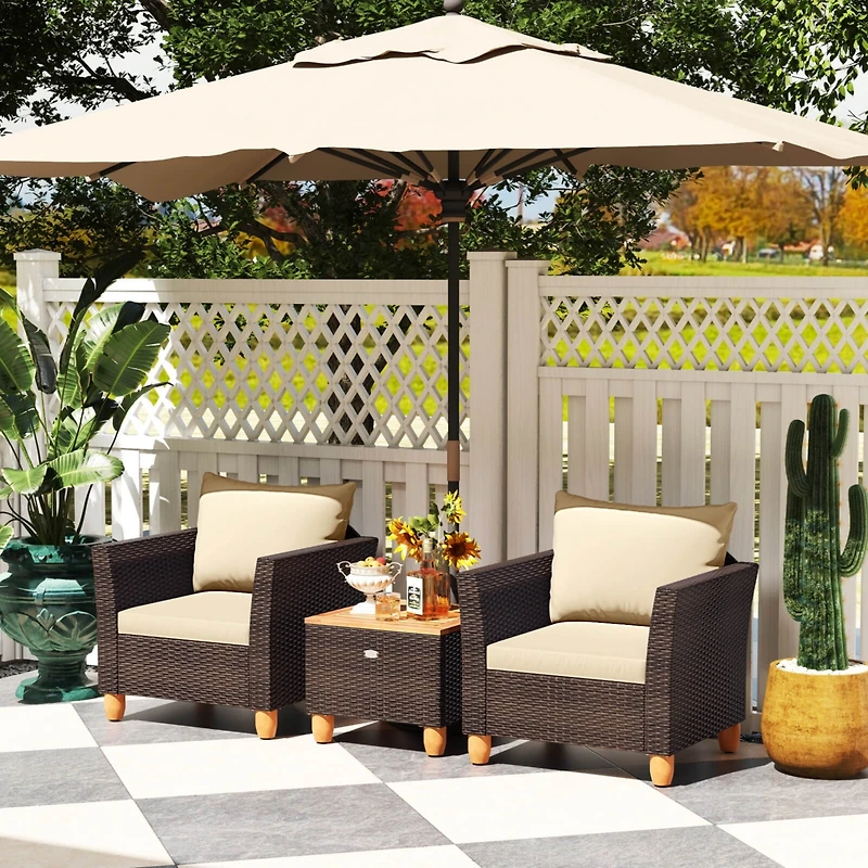 Costway 3PCS Patio Rattan Bistro Furniture Set Wood Table Top Cushion Sofa
