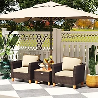 Costway 3PCS Patio Rattan Bistro Furniture Set Wood Table Top Cushion Sofa