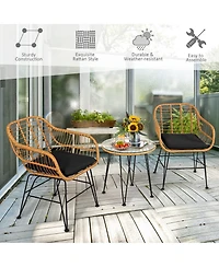 3PCS Patio Rattan Bistro Furniture Set Cushioned Chair Table