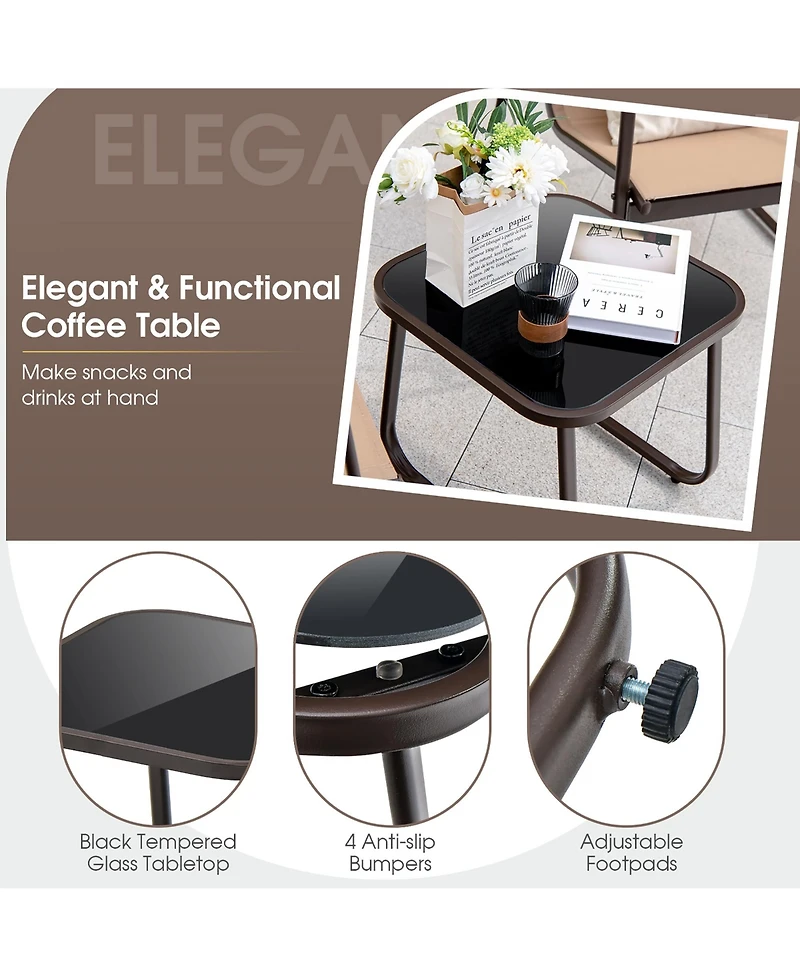 Costway 3 Pieces Patio Conversation Set Outdoor Metal Chair & Table Tempered Glass Top