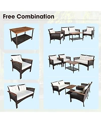 4PCS Patio Rattan Acacia Wood Furniture Set Cushion Sofa Armrest Deck