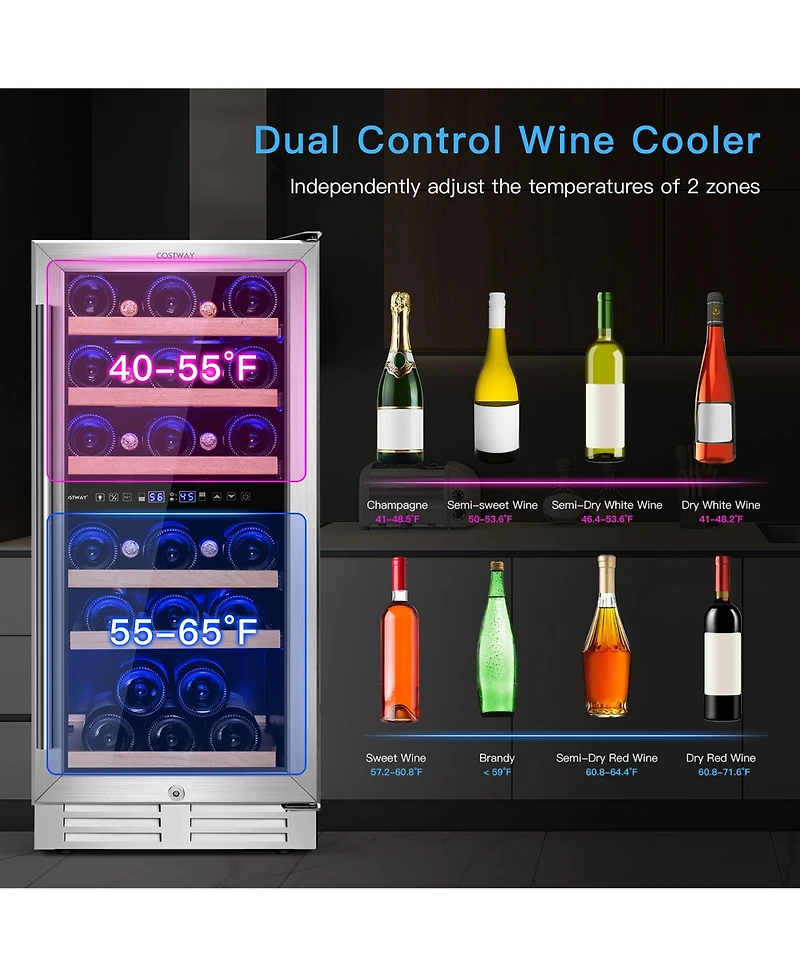 30-Bottle Freestanding Wine Cooler 15''Dual Zones Wine Cellar