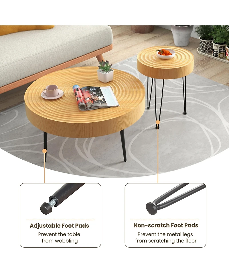 Farmhouse Round CoffeeTable Set of 2 End Table Natural Finish for Living Room