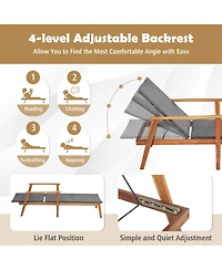 Costway 2PCS Patio Rattan Lounge Chair Chaise Recliner Wood Back Adjust W/Folding Table