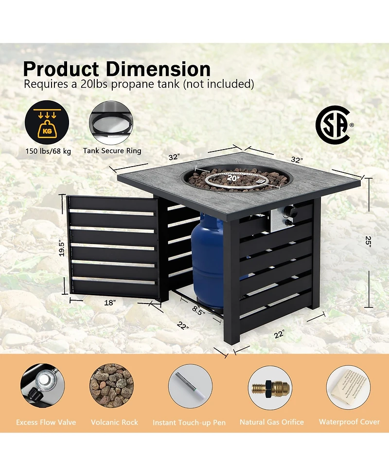 Costway 32'' Square Propane Fire Pit Table for Patio w/Lava Rocks Rain Cover 50,000 Btu