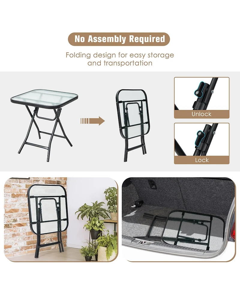 Costway Patio Folding Square Glass Side Table Bistro Coffee Table Plant Stand