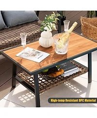 Costway 2 Pcs Patio Rattan Loveseat Coffee Table Set Padded Back & Seat Pillow w/Shelf